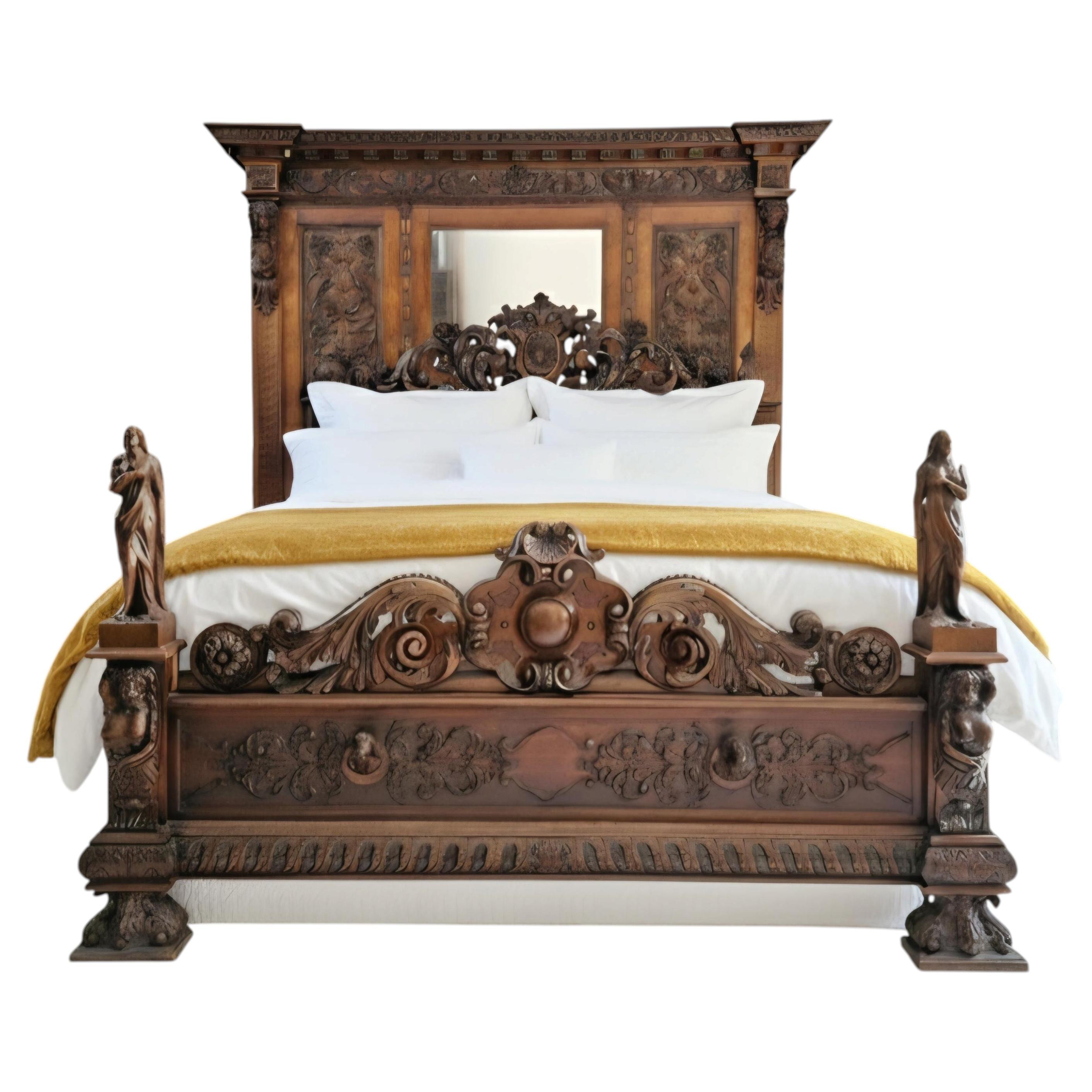 Renaissance Style Italian Walnut King Bed Carved Bedroom Set For Sale