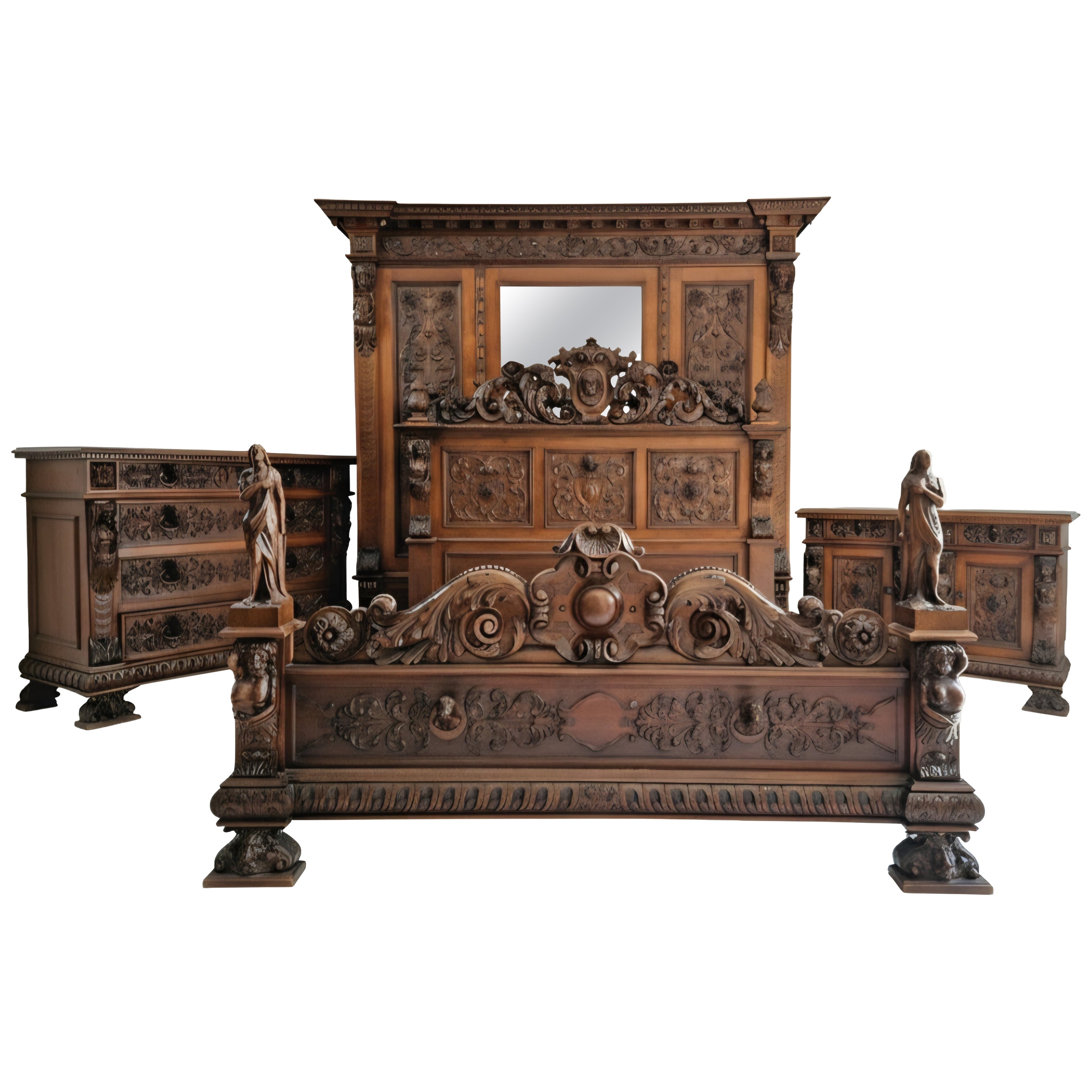 Art deco Italian Walnut King Bed Carved Bedroom Set