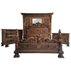 Art deco Italian Walnut King Bed Carved Bedroom Set