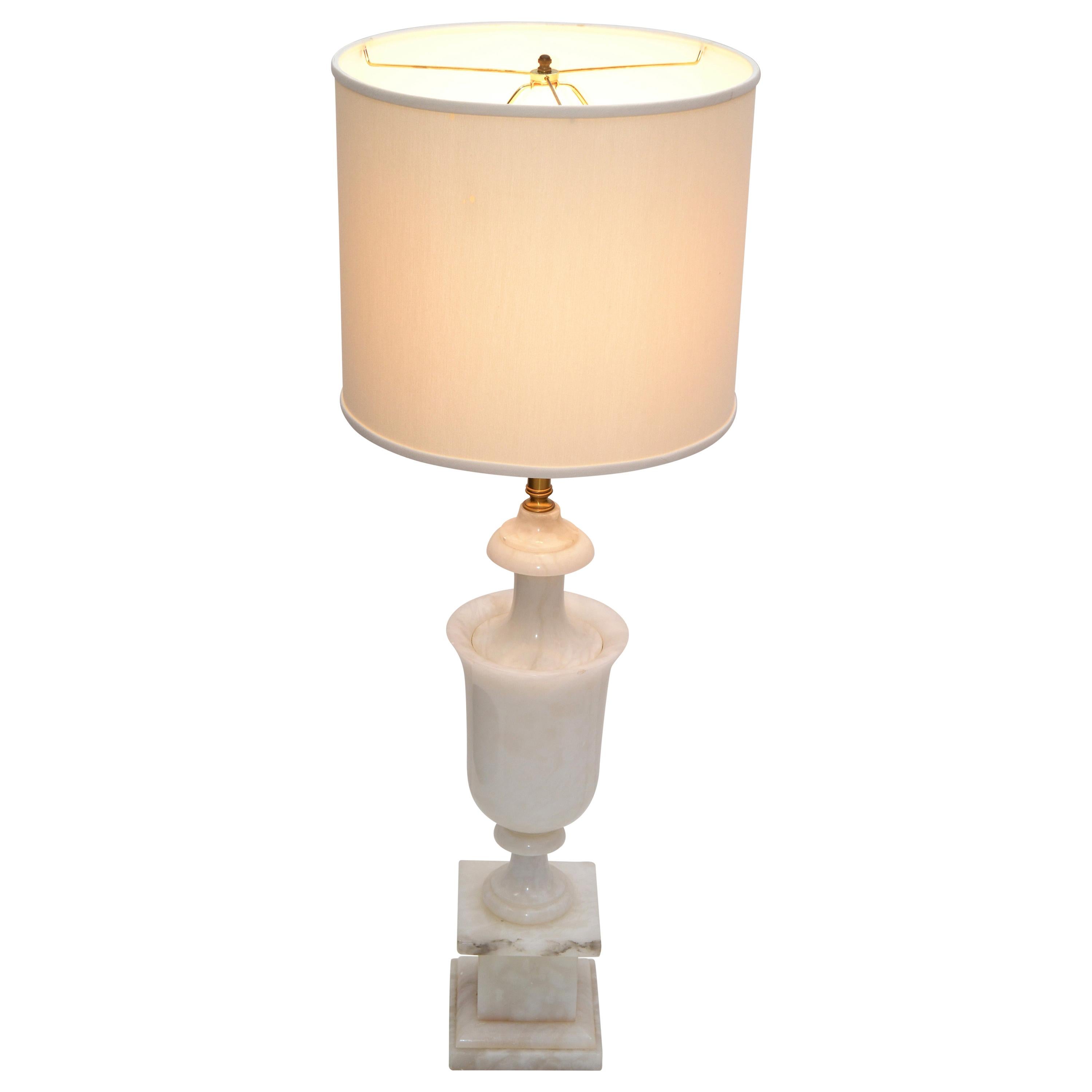Art Deco Italian White Carrara Marble Hand Carved Table Lamp For Sale