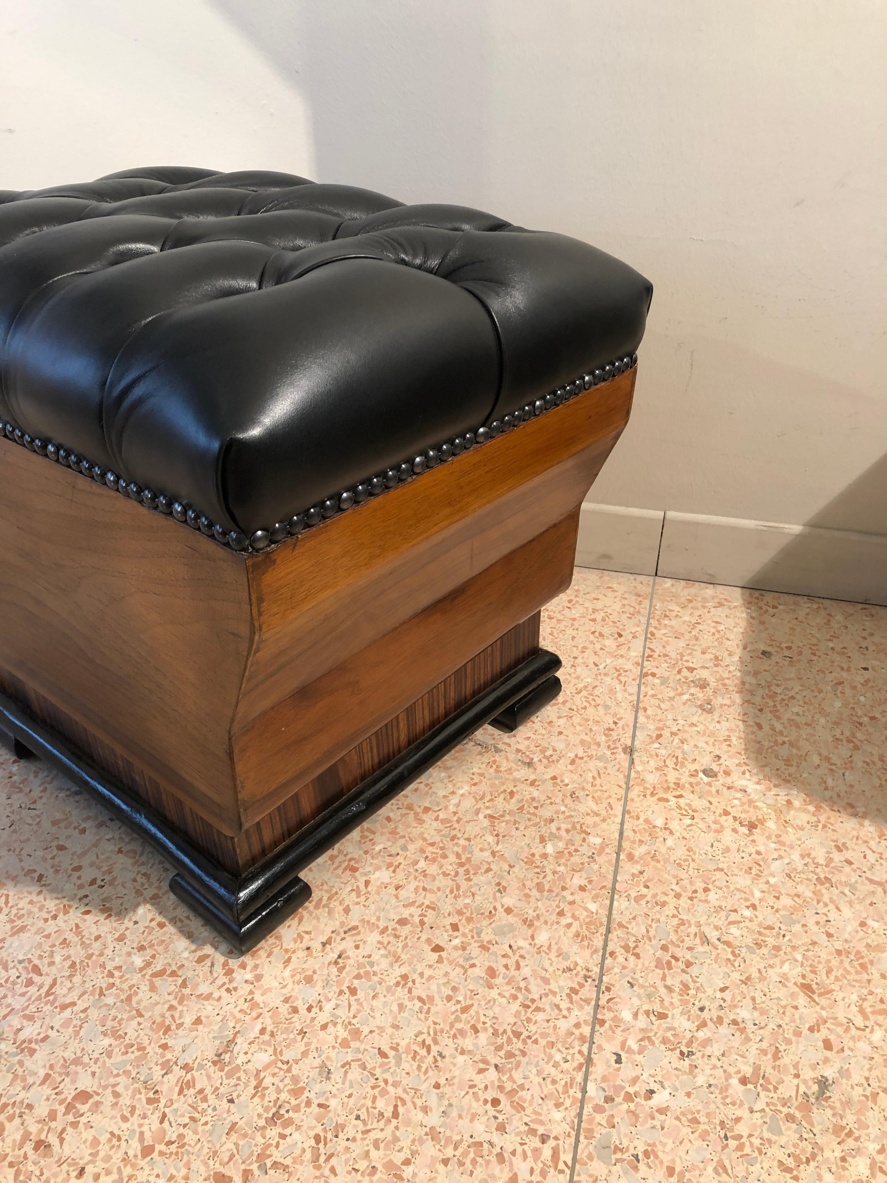 Art Deco Italian Wood and Black Leather Poufs Ottomans, 1930s 7