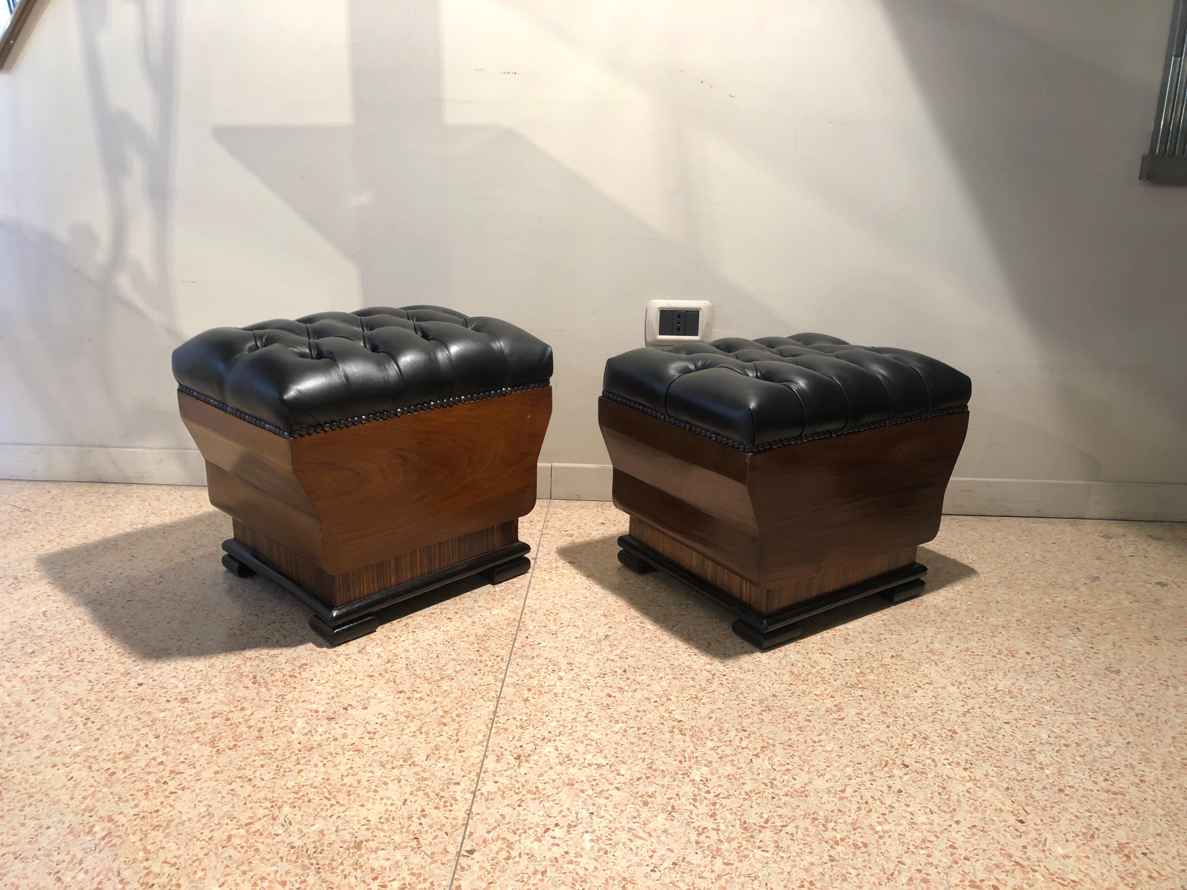 Mid-20th Century Art Deco Italian Wood and Black Leather Poufs Ottomans, 1930s
