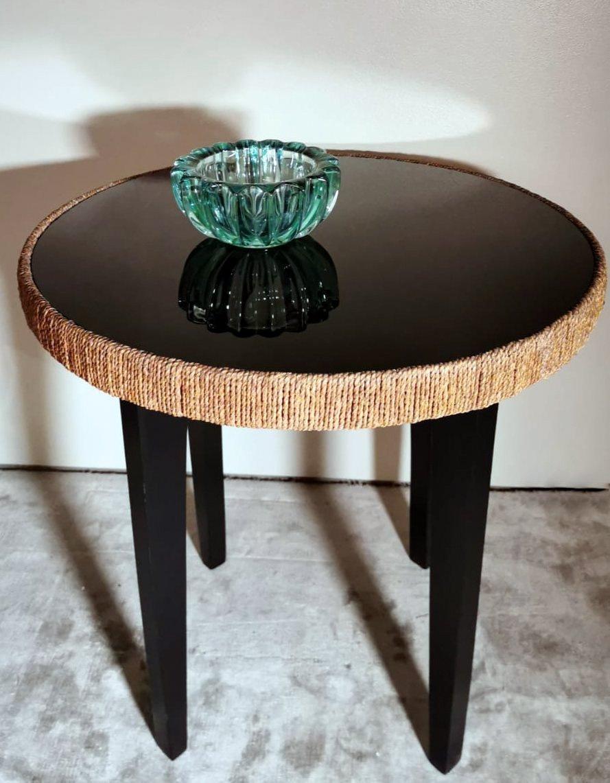 Art Deco Italian Wood Coffee Table, Black Glass Top and River Straw Border 10