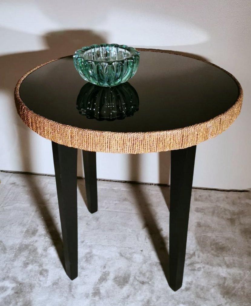 Art Deco Italian Wood Coffee Table, Black Glass Top and River Straw Border 11