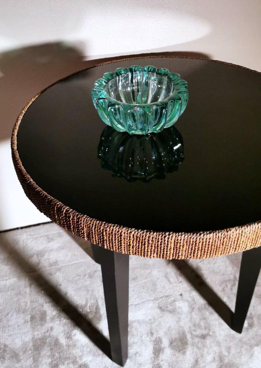 Art Deco Italian Wood Coffee Table, Black Glass Top and River Straw Border 12