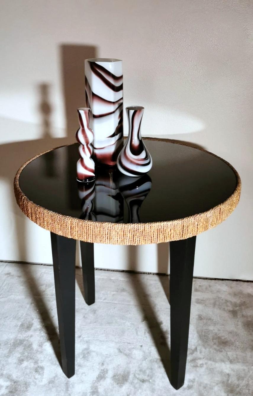 Art Deco Italian Wood Coffee Table, Black Glass Top and River Straw Border 13