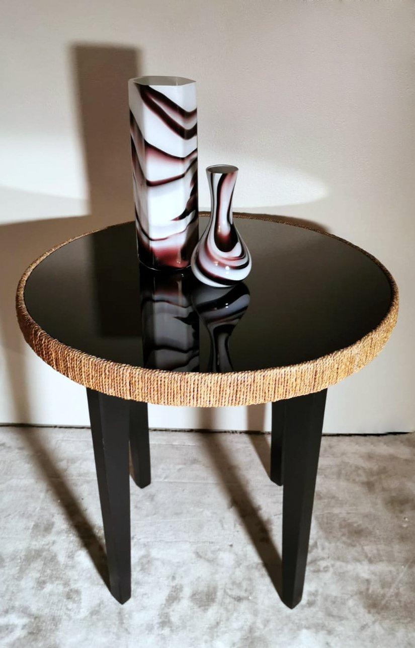 Art Deco Italian Wood Coffee Table, Black Glass Top and River Straw