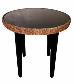 Art Deco Italian Wood Coffee Table, Black Glass Top and River Straw Border