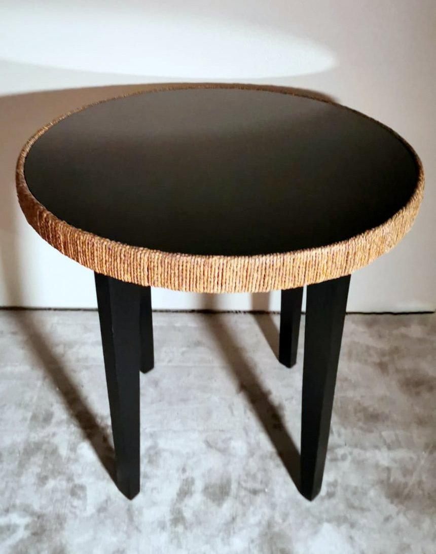 Hand-Crafted Art Deco Italian Wood Coffee Table, Black Glass Top and River Straw Border