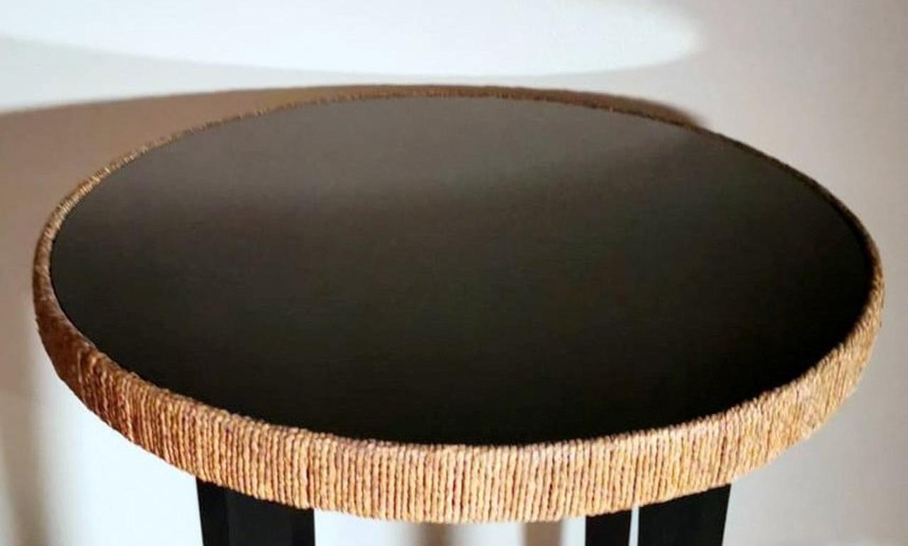 Art Deco Italian Wood Coffee Table, Black Glass Top and River Straw Border 2