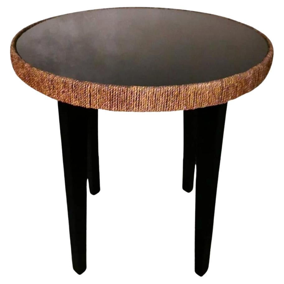 Art Deco Italian Wood Coffee Table, Black Glass Top and River Straw Border