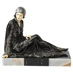 Rechteckige Flapper-Skulptur aus Elfenbein, Bronze und Marmor im Art déco-Stil nach Chiparus