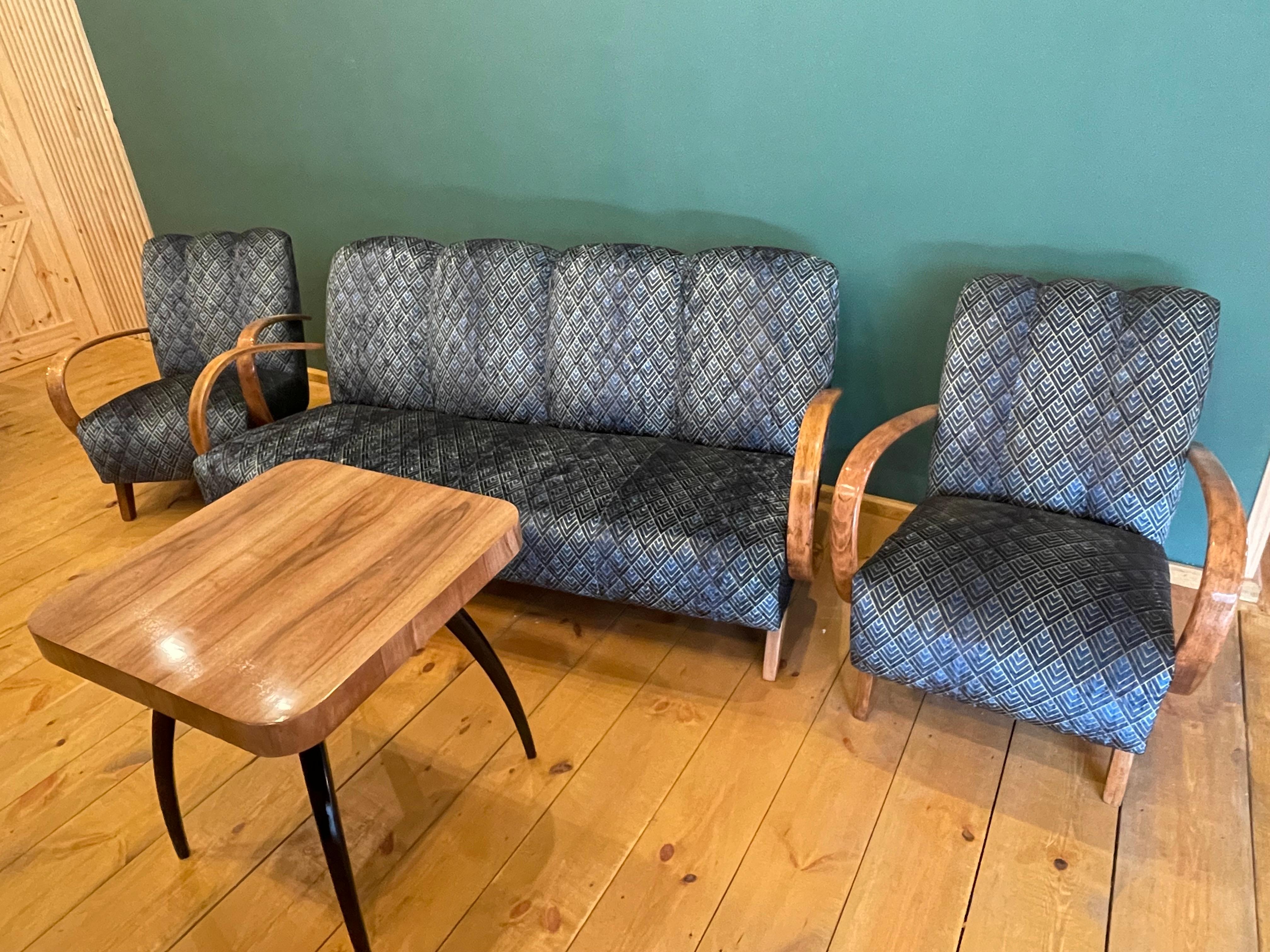 Czech Art Deco J. Halabala Set 2 chairs table with sofa For Sale