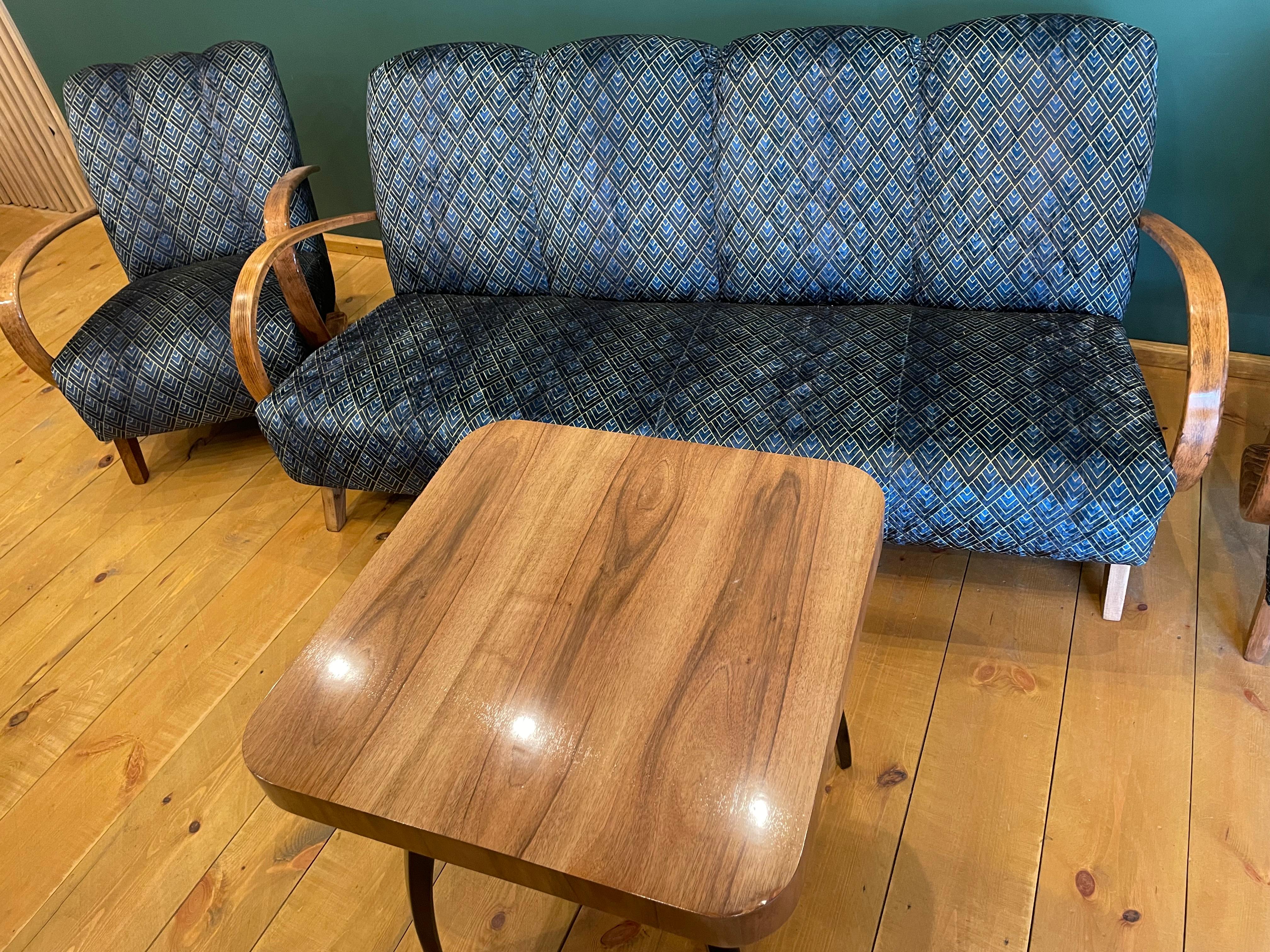 Walnut Art Deco J. Halabala Set 2 chairs table with sofa For Sale
