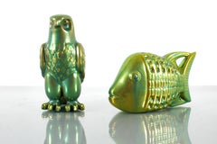 Art Dèco J. Nador para Zsolnay Figura de cerámica esmaltada verde eosina años 70 Hungría