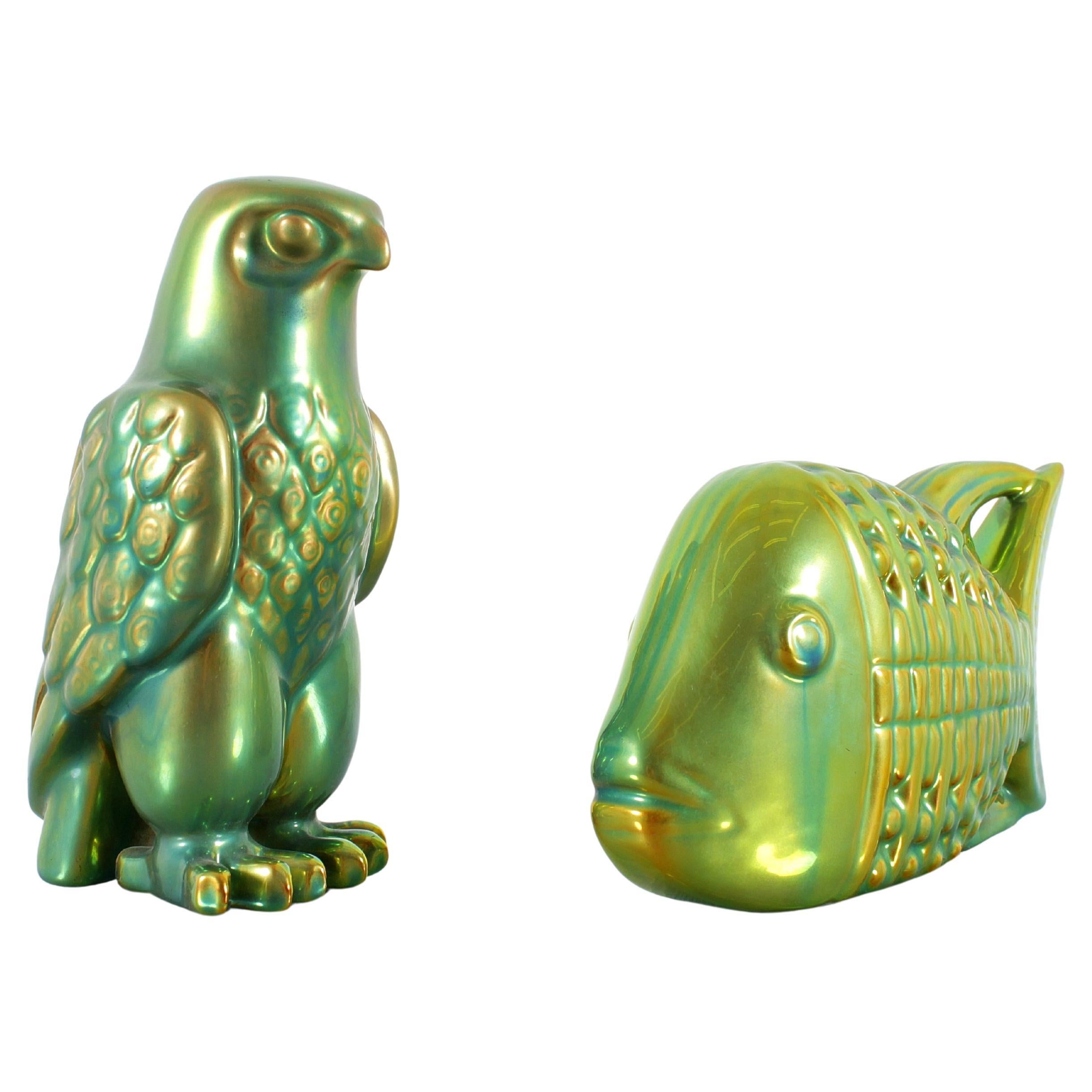 Art Dèco J. Nador for Zsolnay Two Eosin Green Glazed Ceramic Figure 70s Hungary For Sale