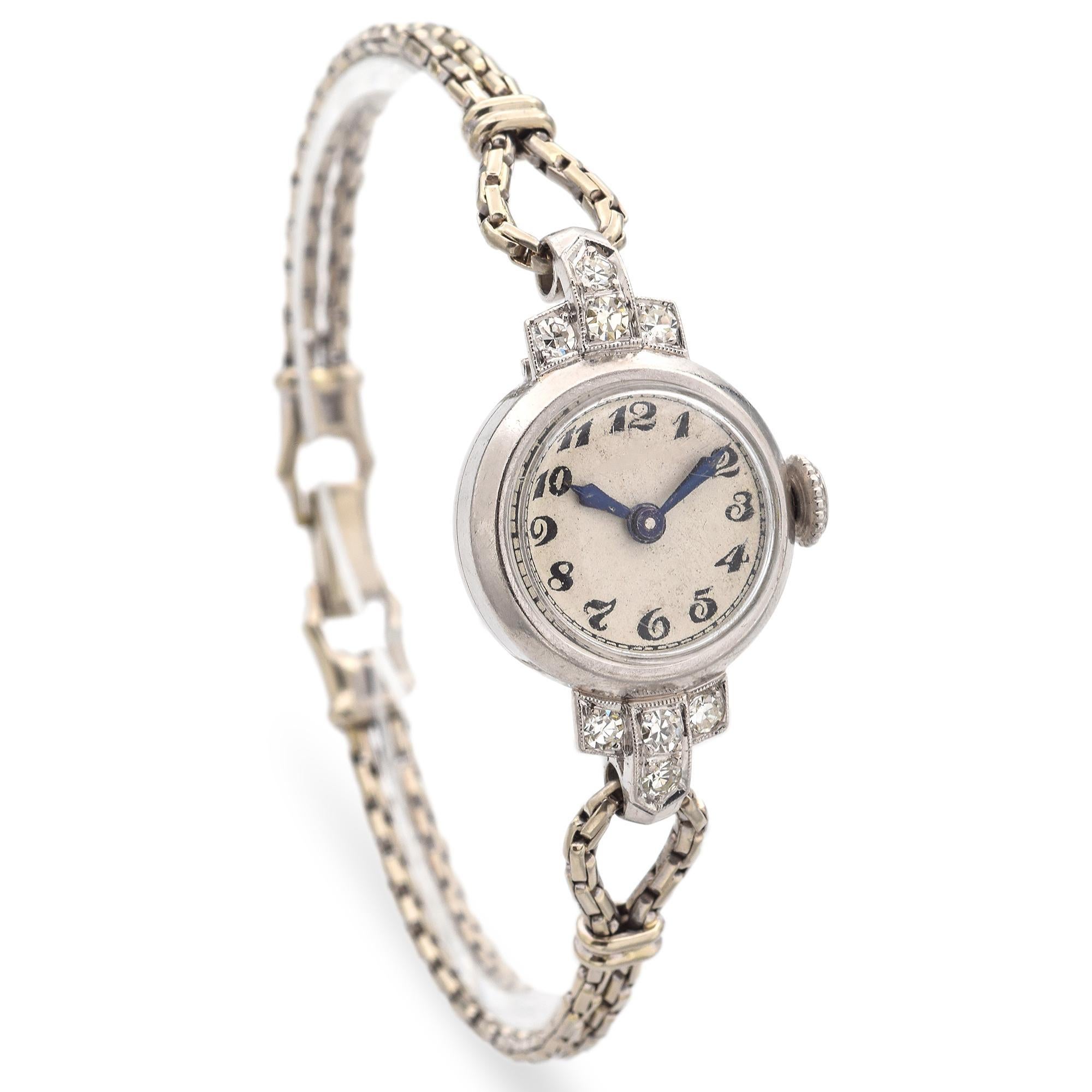 Round Cut Art Deco J. Schulz Platinum Diamond Swiss Watch With 14K White Gold Bracelet For Sale