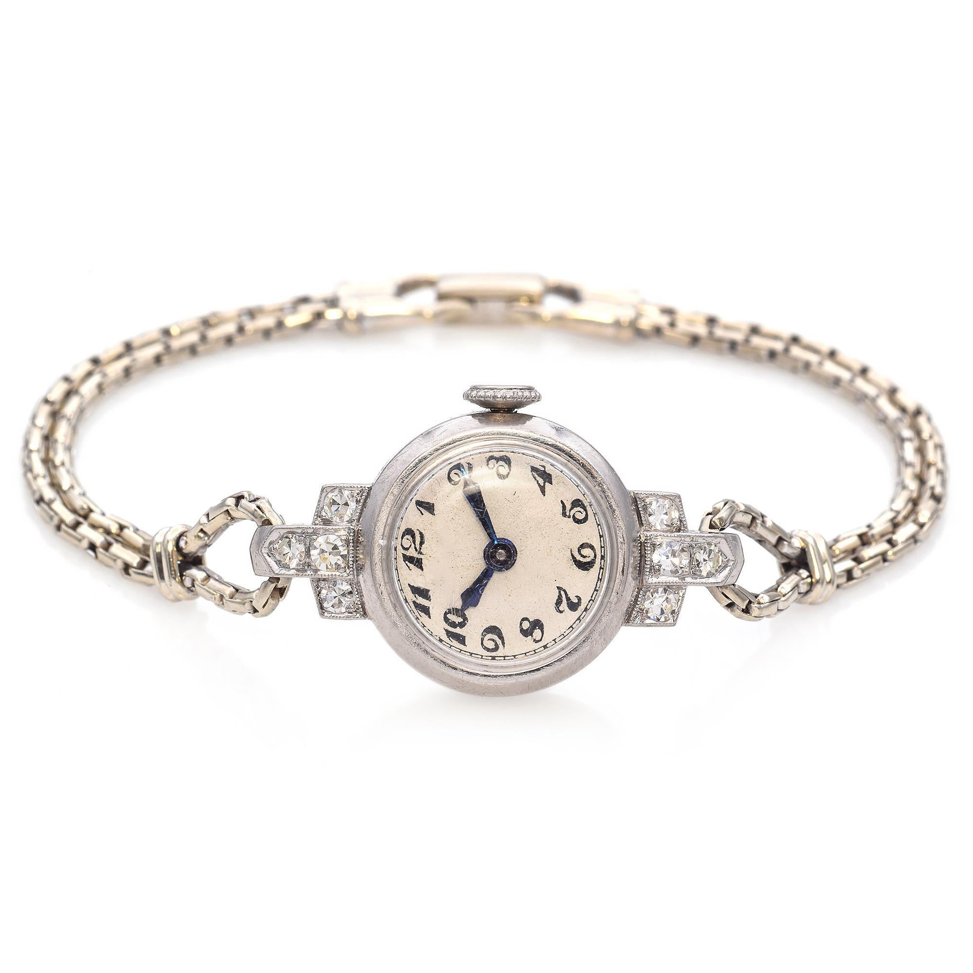 Art Deco J. Schulz Platinum Diamond Swiss Watch With 14K White Gold Bracelet In Good Condition For Sale In New York, NY