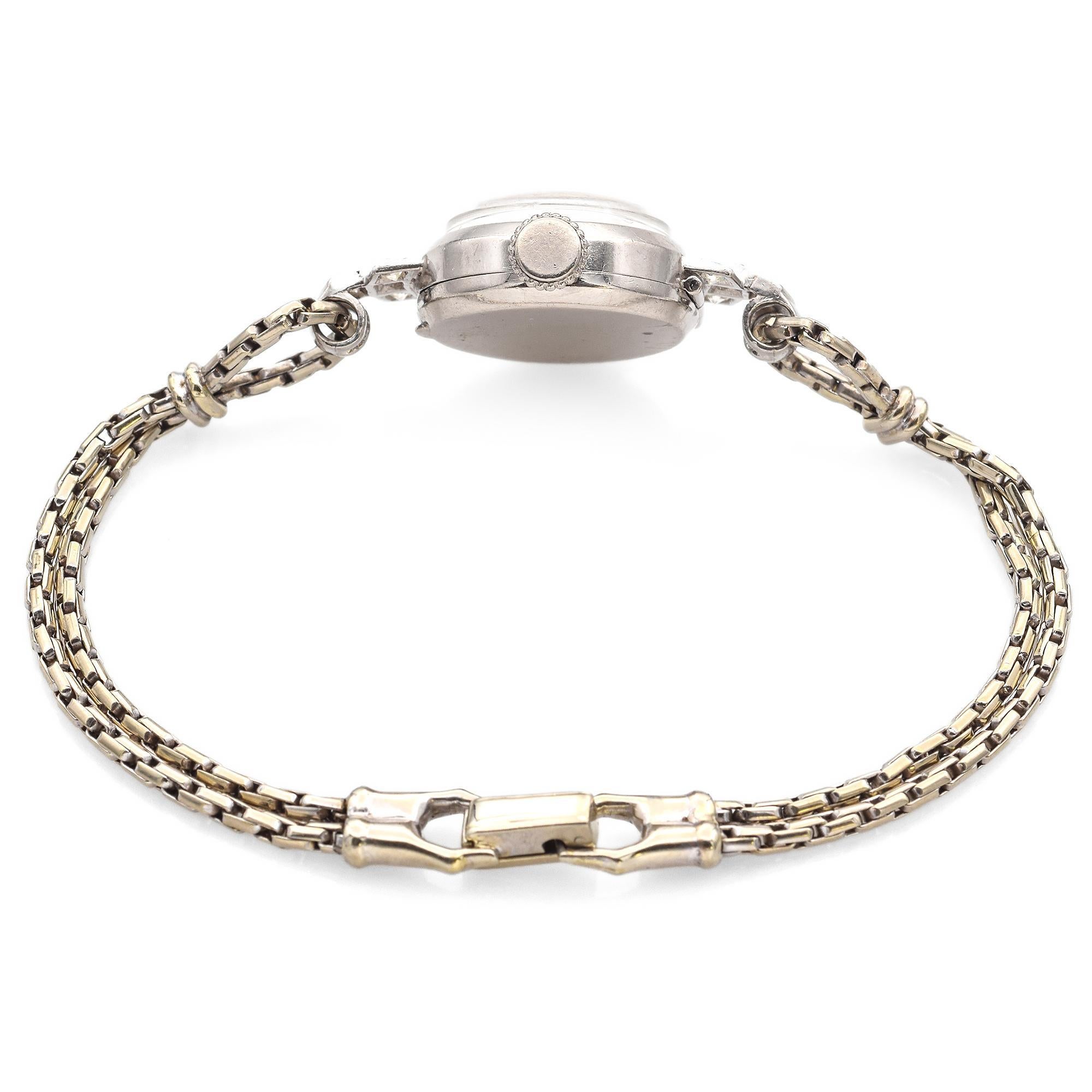 Women's Art Deco J. Schulz Platinum Diamond Swiss Watch With 14K White Gold Bracelet For Sale