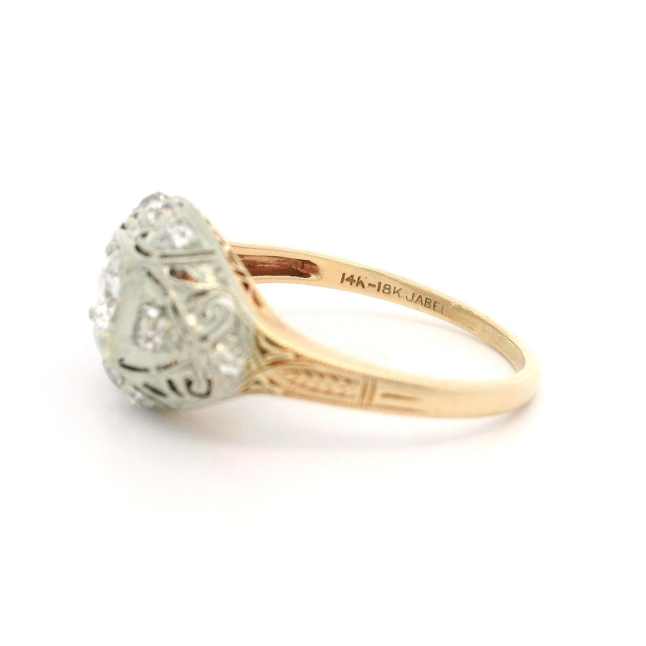 Old European Cut Art Deco Jabel 14k Gold 0.63ctw Old Cut Diamond Engraved Detailed Filigree Ring For Sale