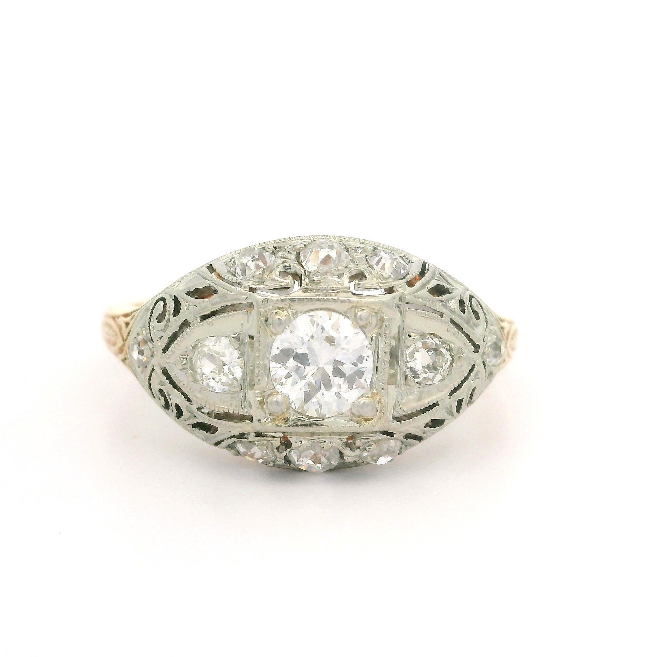 Women's Art Deco Jabel 14k Gold 0.63ctw Old Cut Diamond Engraved Detailed Filigree Ring For Sale