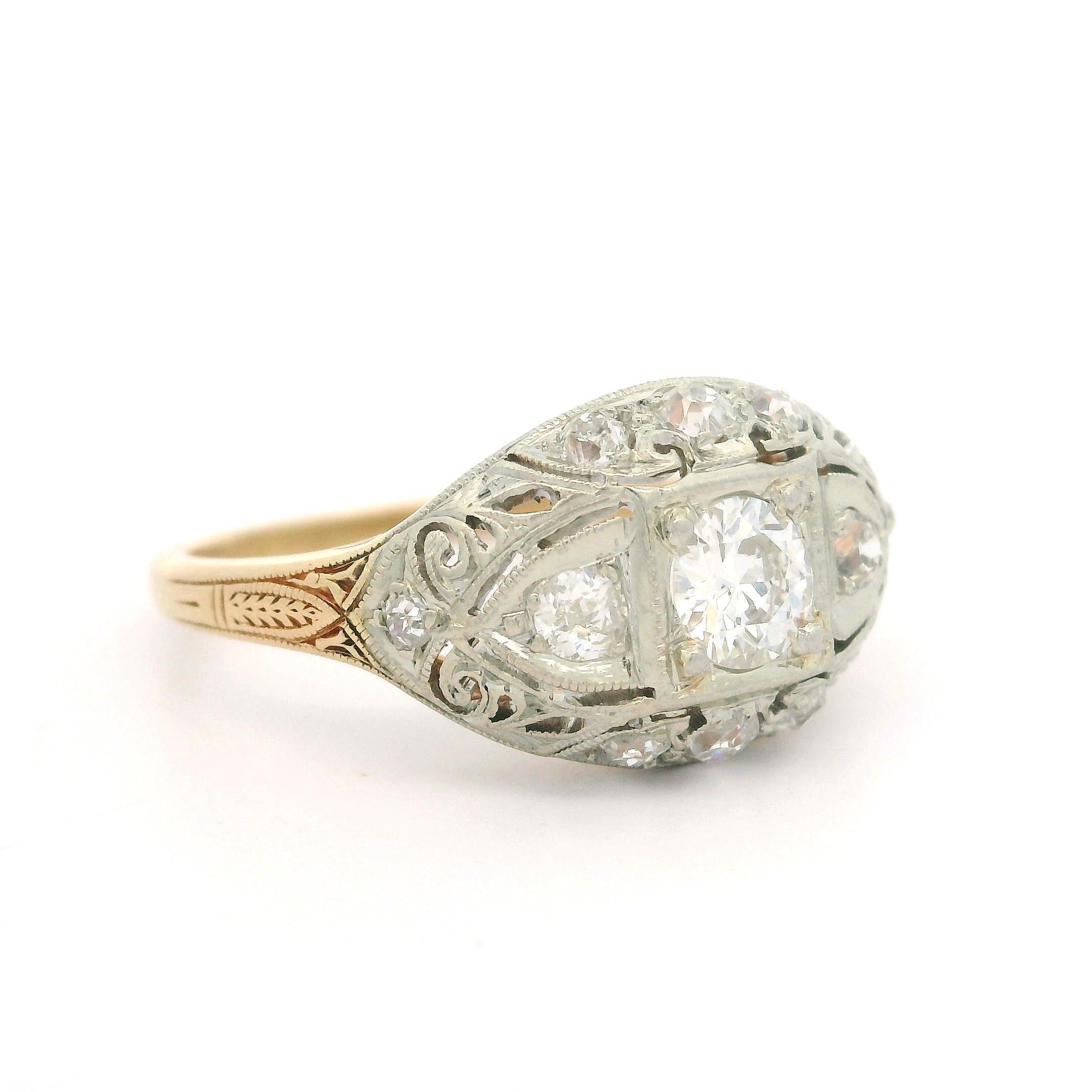 Art Deco Jabel 14k Gold 0.63ctw Old Cut Diamond Engraved Detailed Filigree Ring For Sale 1