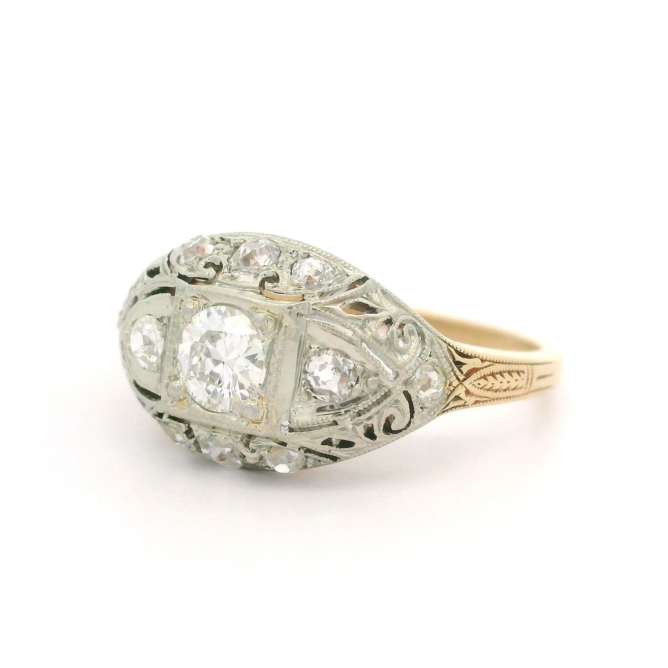 Art Deco Jabel 14k Gold 0.63ctw Old Cut Diamond Engraved Detailed Filigree Ring For Sale 2