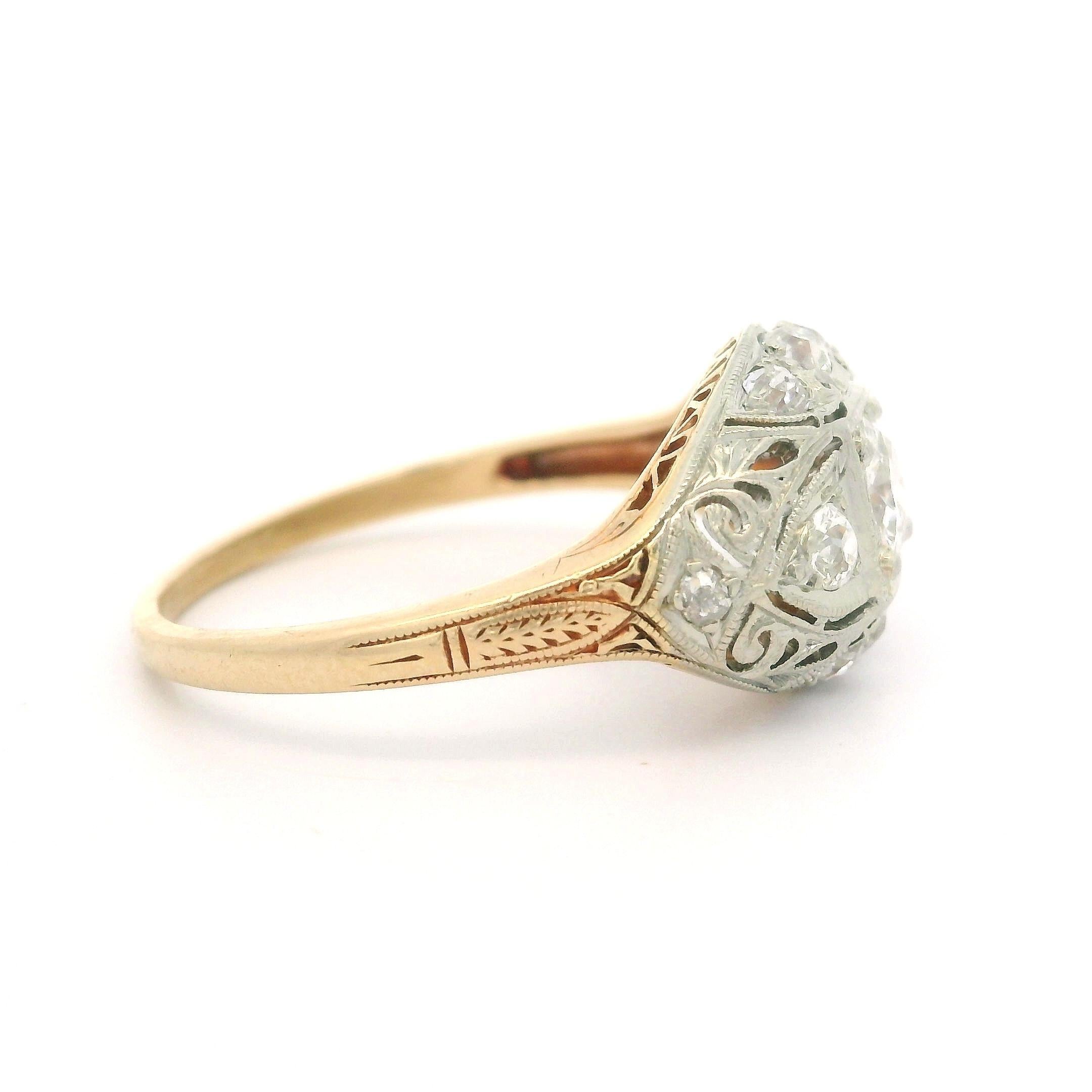 Art Deco Jabel 14k Gold 0.63ctw Old Cut Diamond Engraved Detailed Filigree Ring For Sale 3