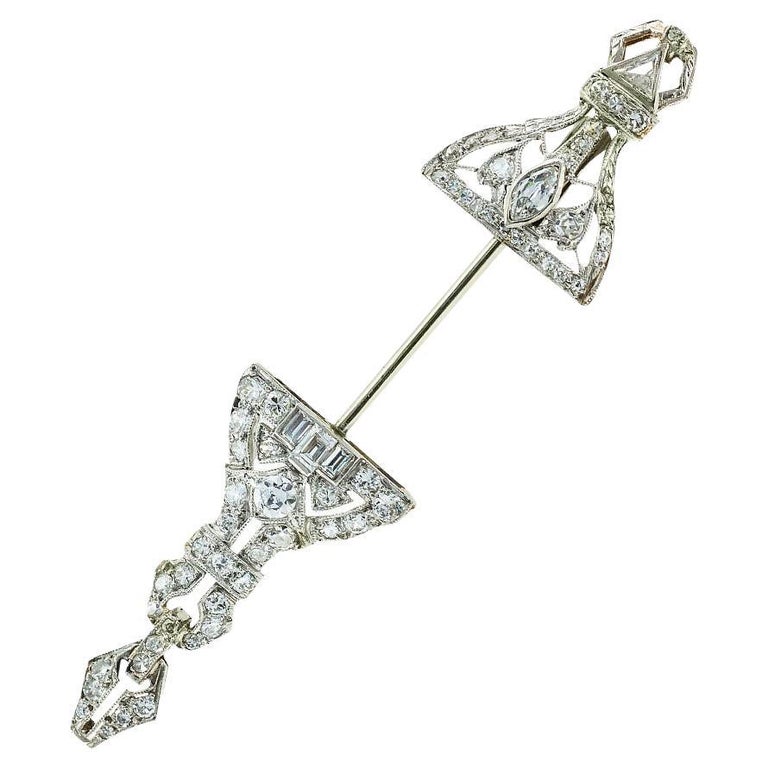 Art Deco Jabot Diamond Platinum Brooch For Sale at 1stDibs
