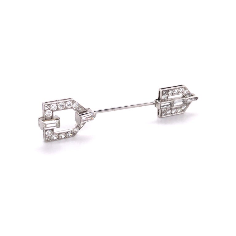 Baguette Cut Art Deco Jabot Pin with Diamonds in Platinum and 18 Karat White Gold