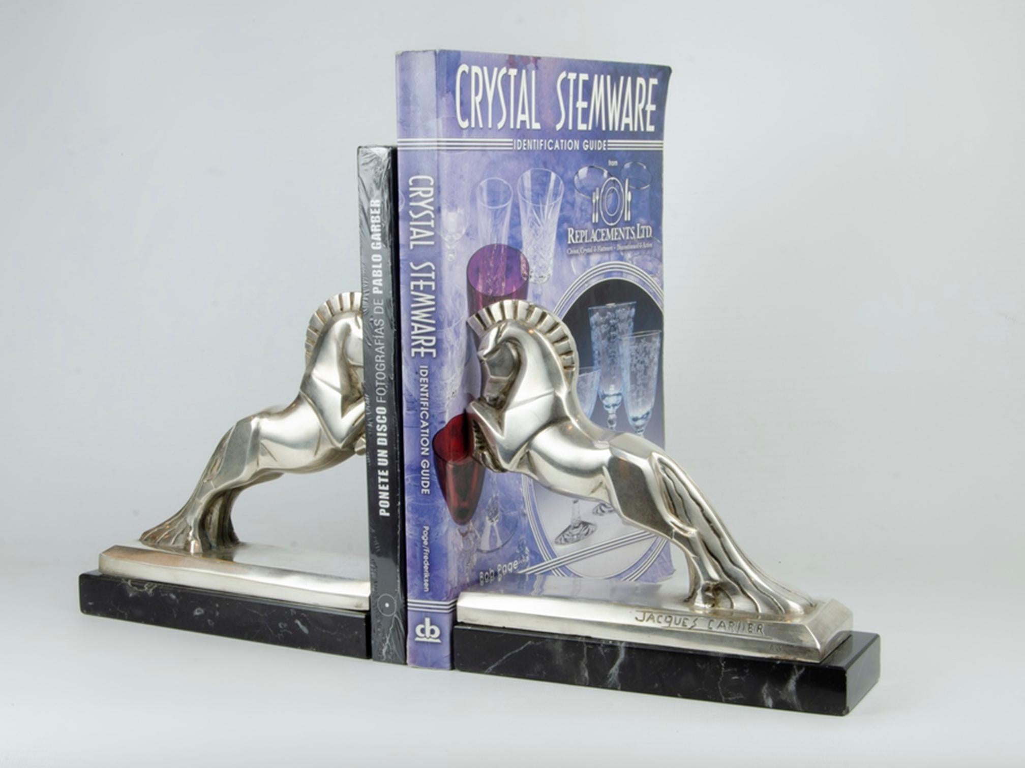 Silvered Art Deco Jacques Cartier Horse Bookends Bronze Sculpture, c 1930, France For Sale
