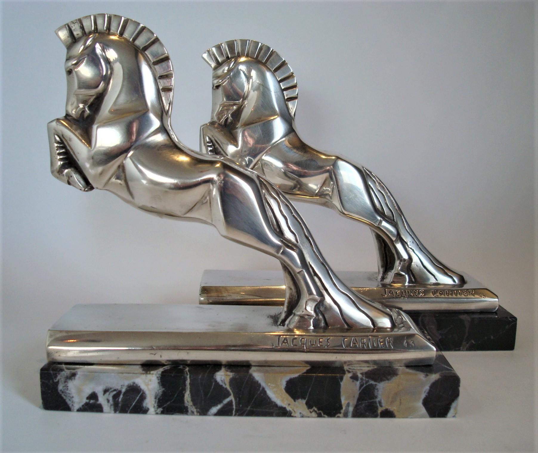 French Art Deco Jacques Cartier Horse Bookends Bronze Sculpture, c 1930, France