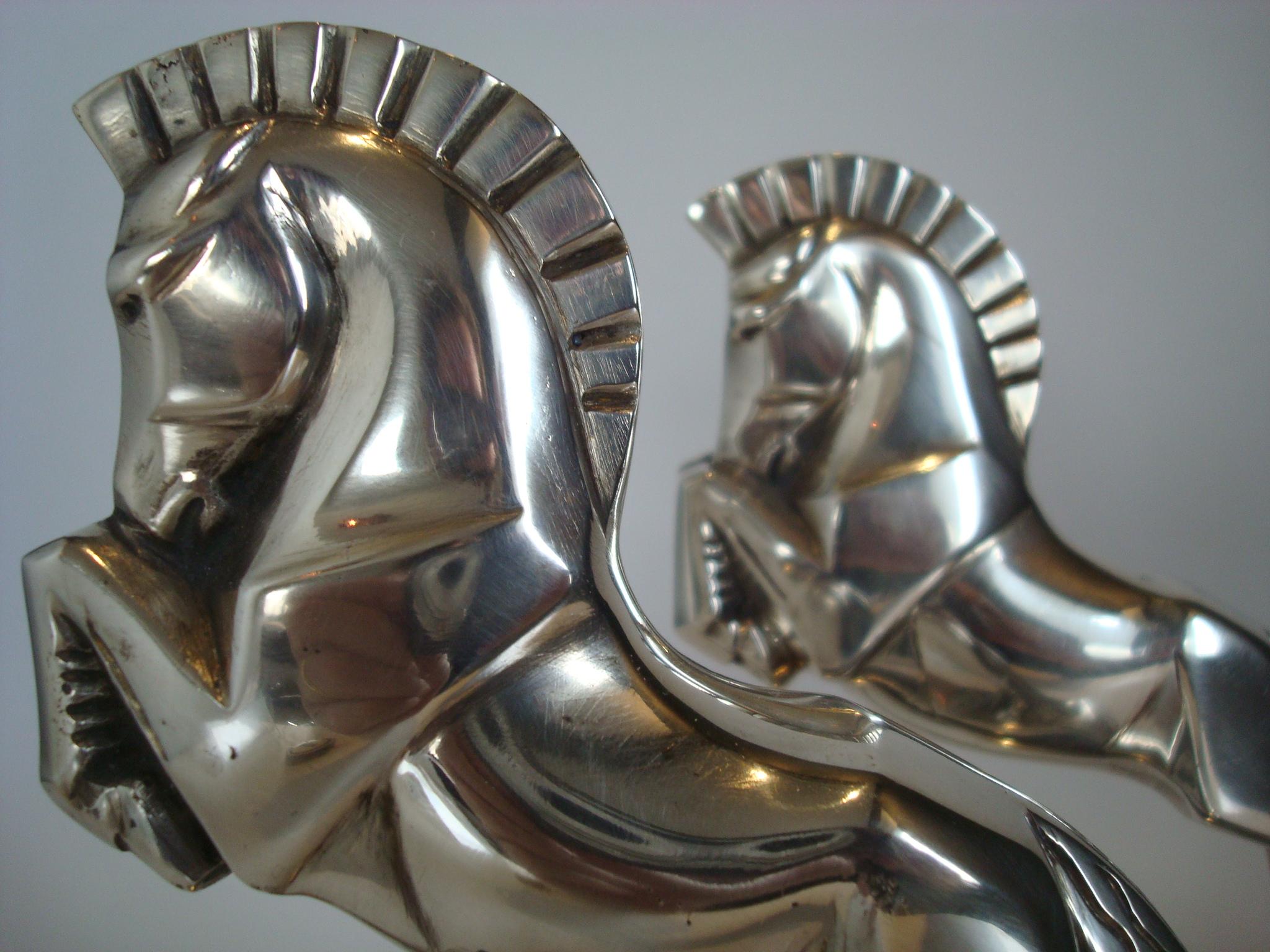 Silvered Art Deco Jacques Cartier Horse Bookends Bronze Sculpture, c 1930, France