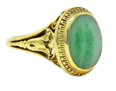 Art Deco Jade 14 Karat Yellow Gold Scrolling Iris Ring