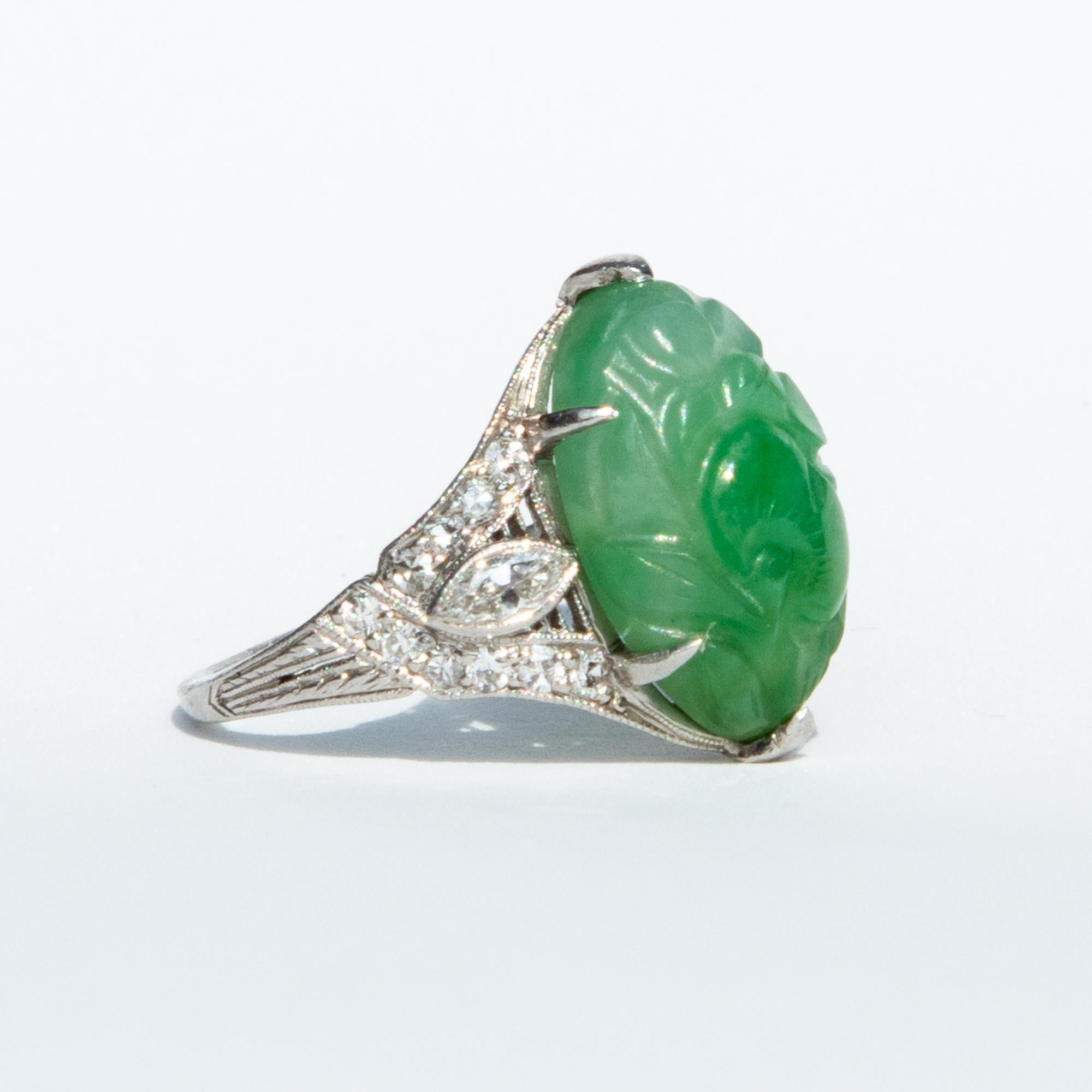 Marquise Cut Art Deco Jade and Diamond Platinum Ring For Sale