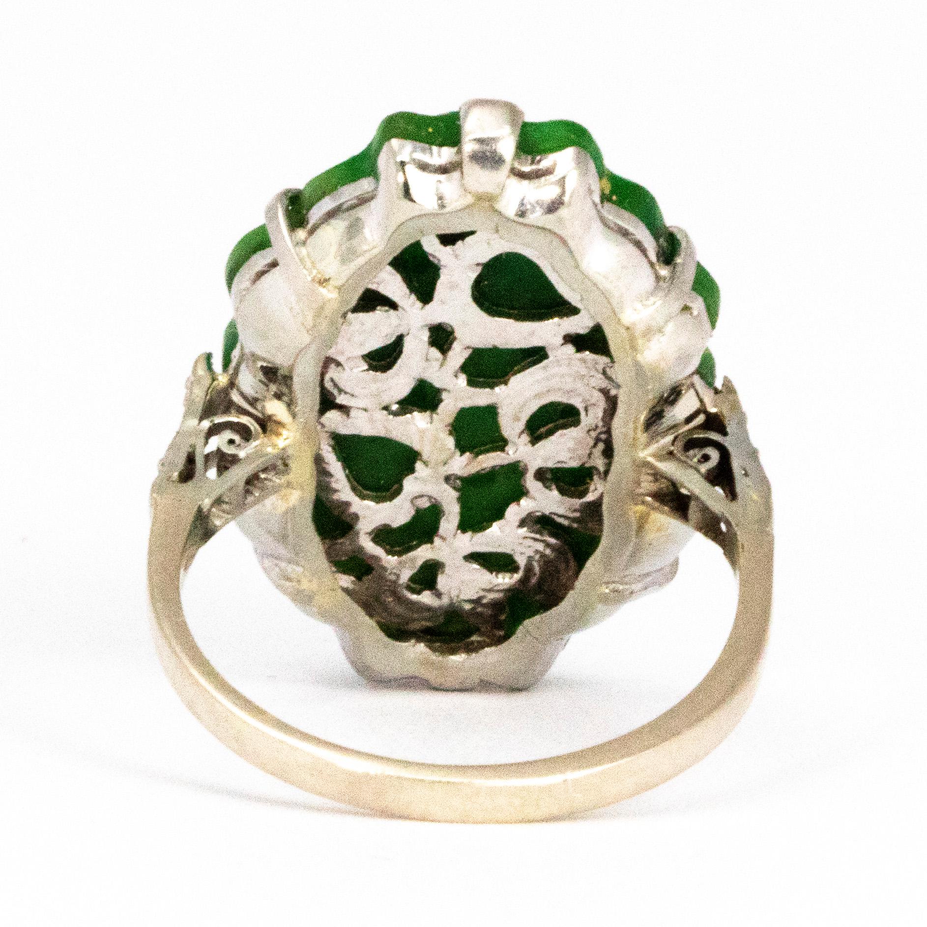 Oval Cut Art Deco Jade and Diamond Platinum Ring