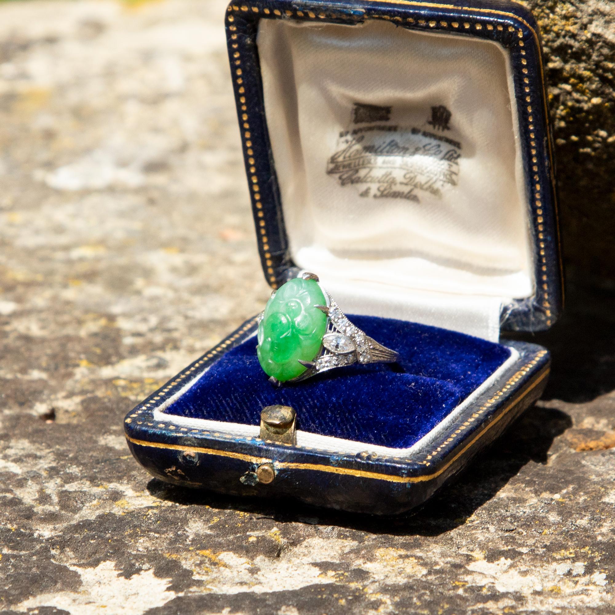 Women's or Men's Art Deco Jade and Diamond Platinum Ring For Sale