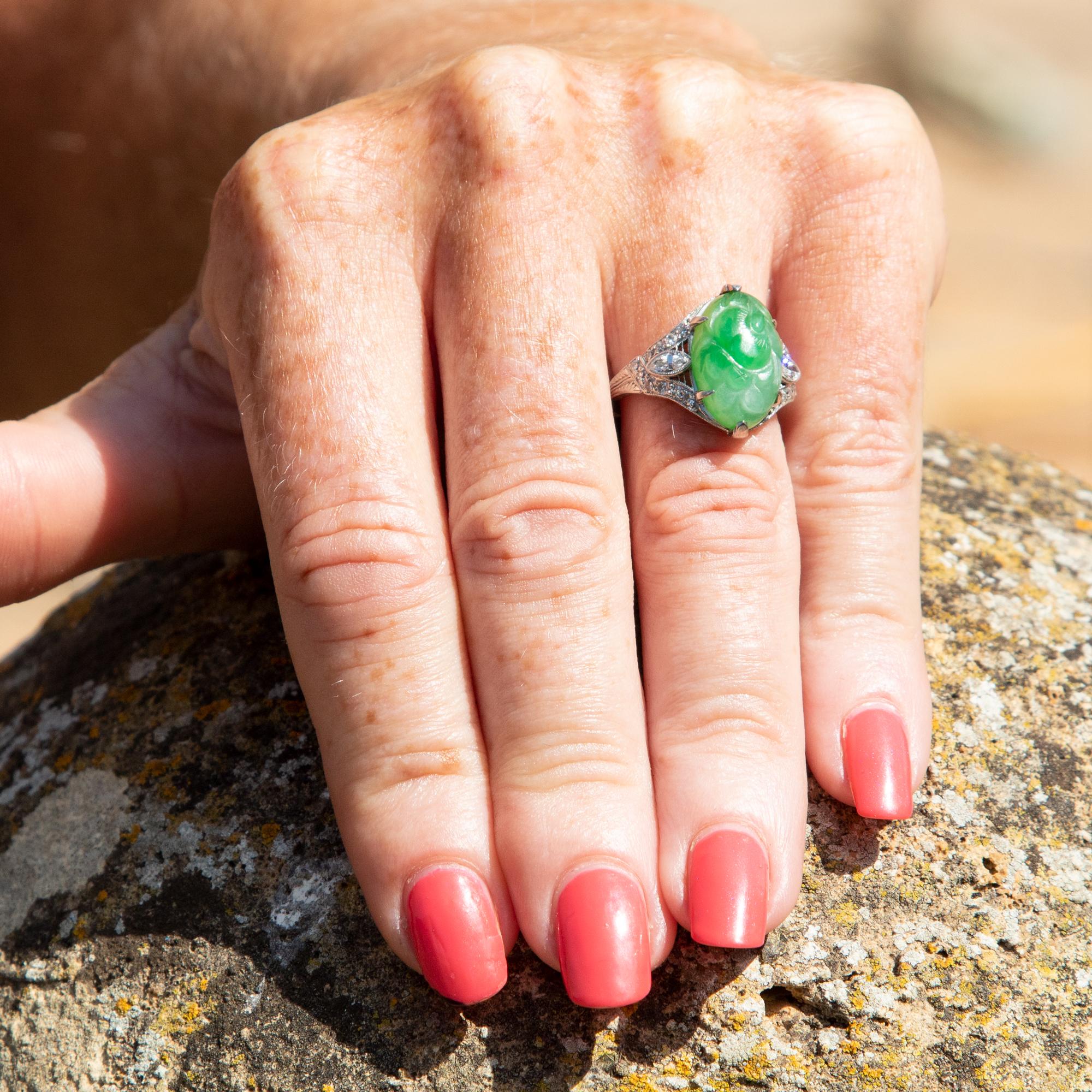 Art Deco Jade and Diamond Platinum Ring For Sale 1