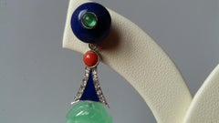 Art Deco Stil geschnitzte Burma Jade Lapislazuli Gold Emaille-Ohrringe