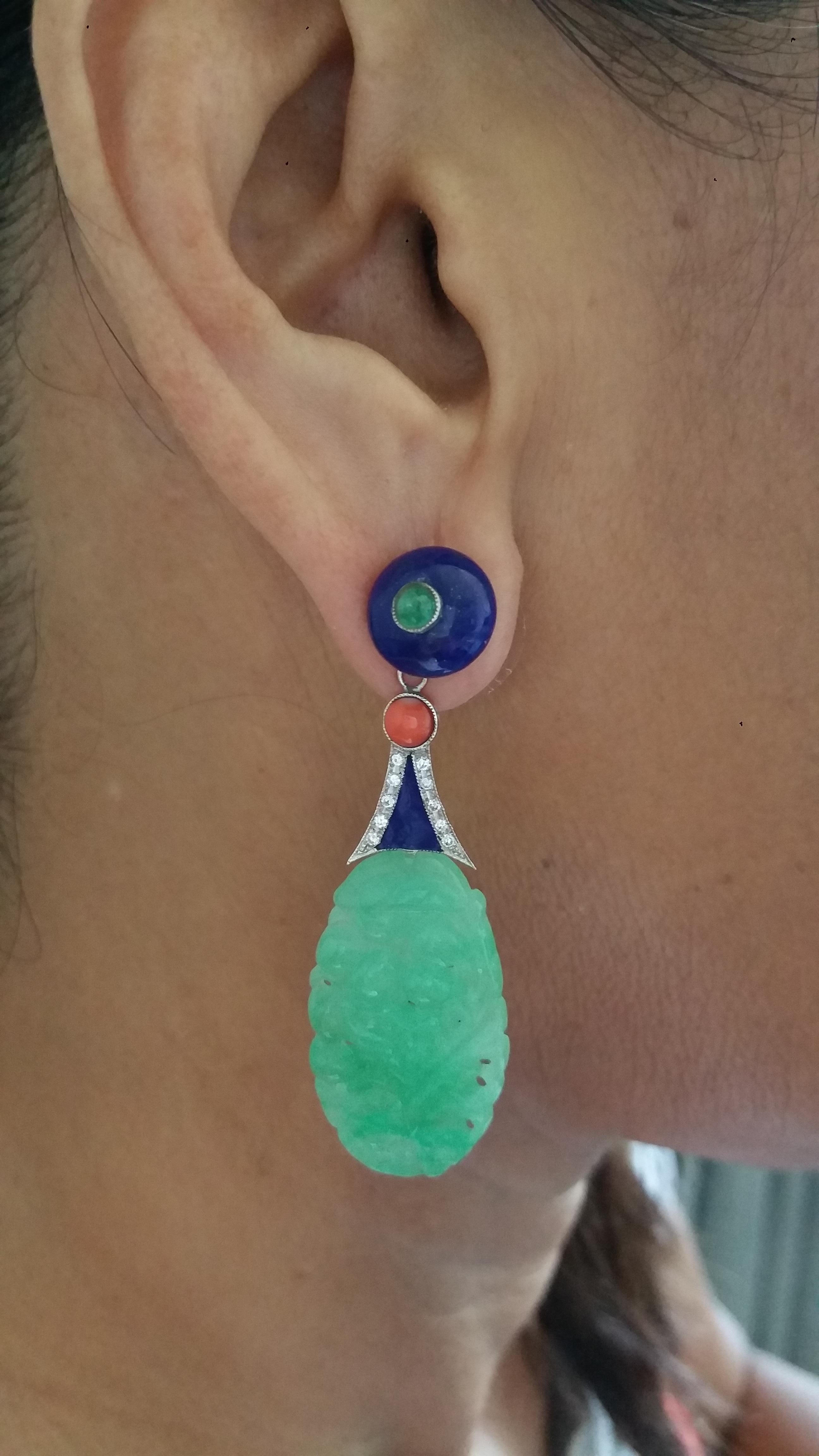 Mixed Cut Art Deco Style Carved Burma Jade Lapis Lazuli Gold Enamel Earrings For Sale