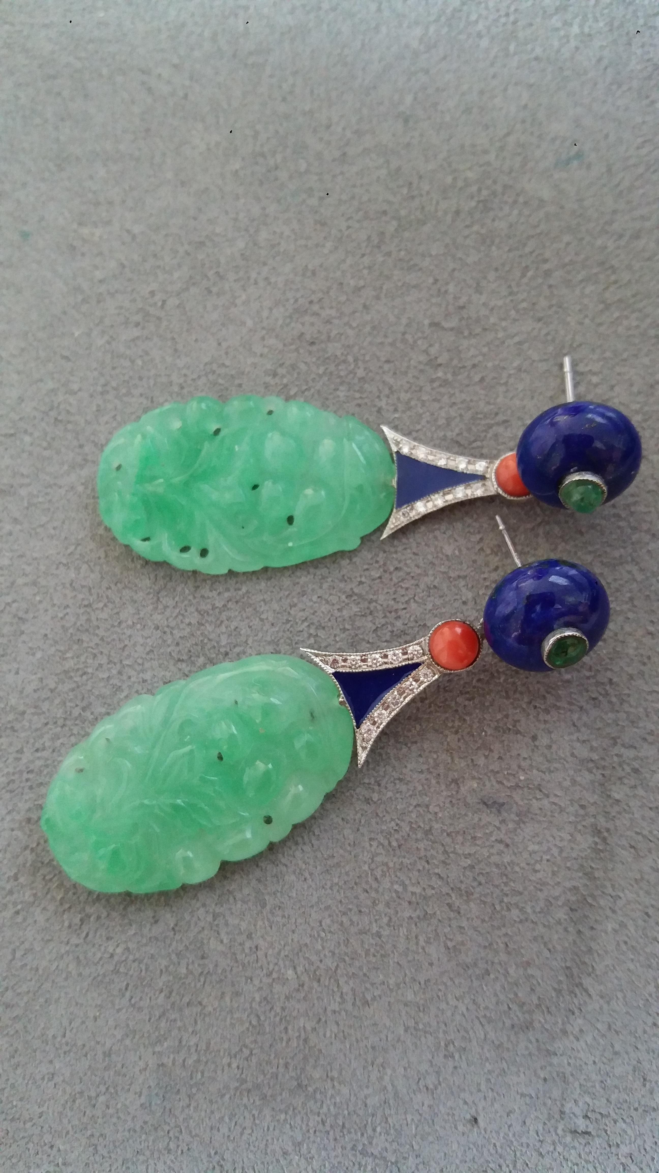 Art Deco Style Carved Burma Jade Lapis Lazuli Gold Enamel Earrings In Good Condition For Sale In Bangkok, TH