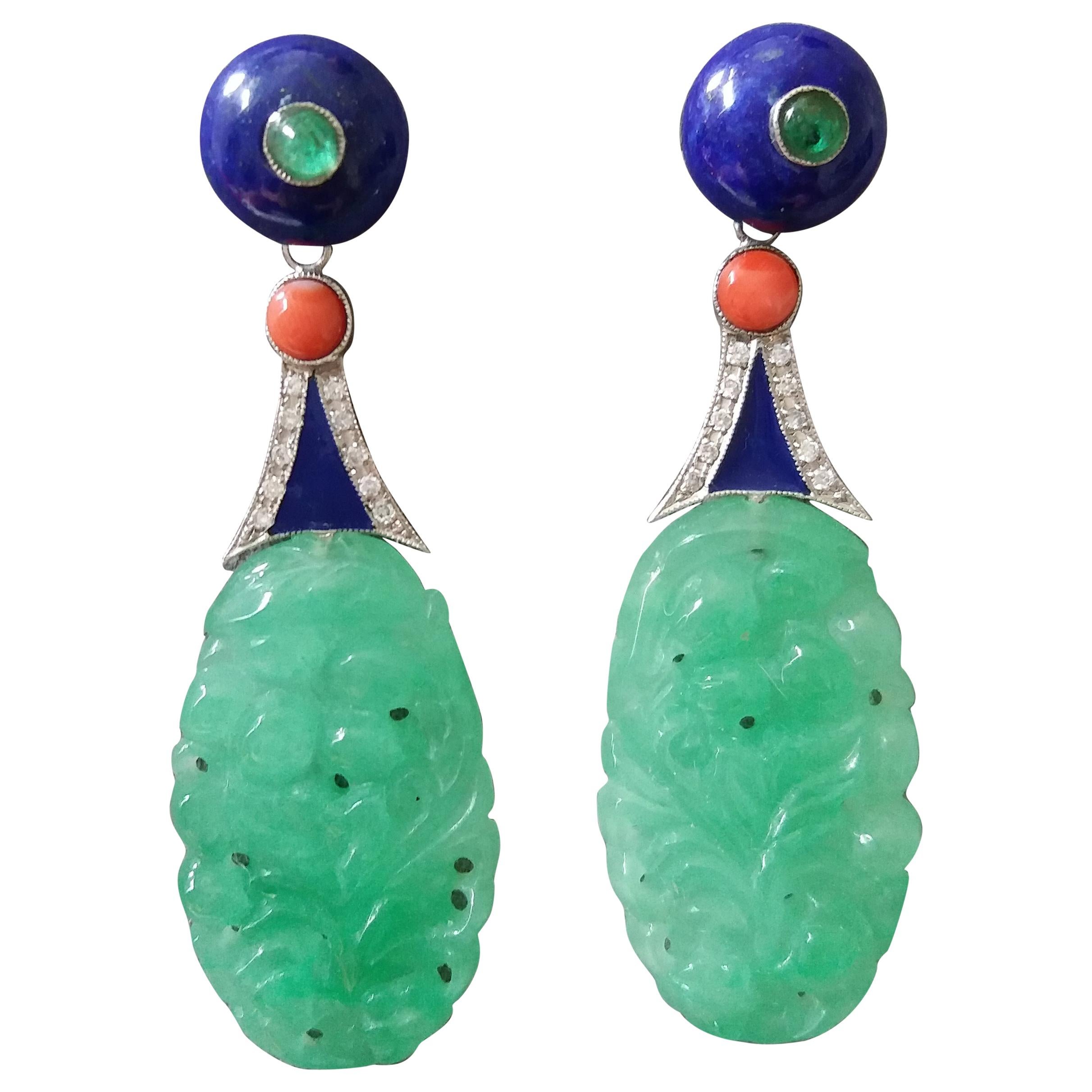 Art Deco Style Carved Burma Jade Lapis Lazuli Gold Enamel Earrings