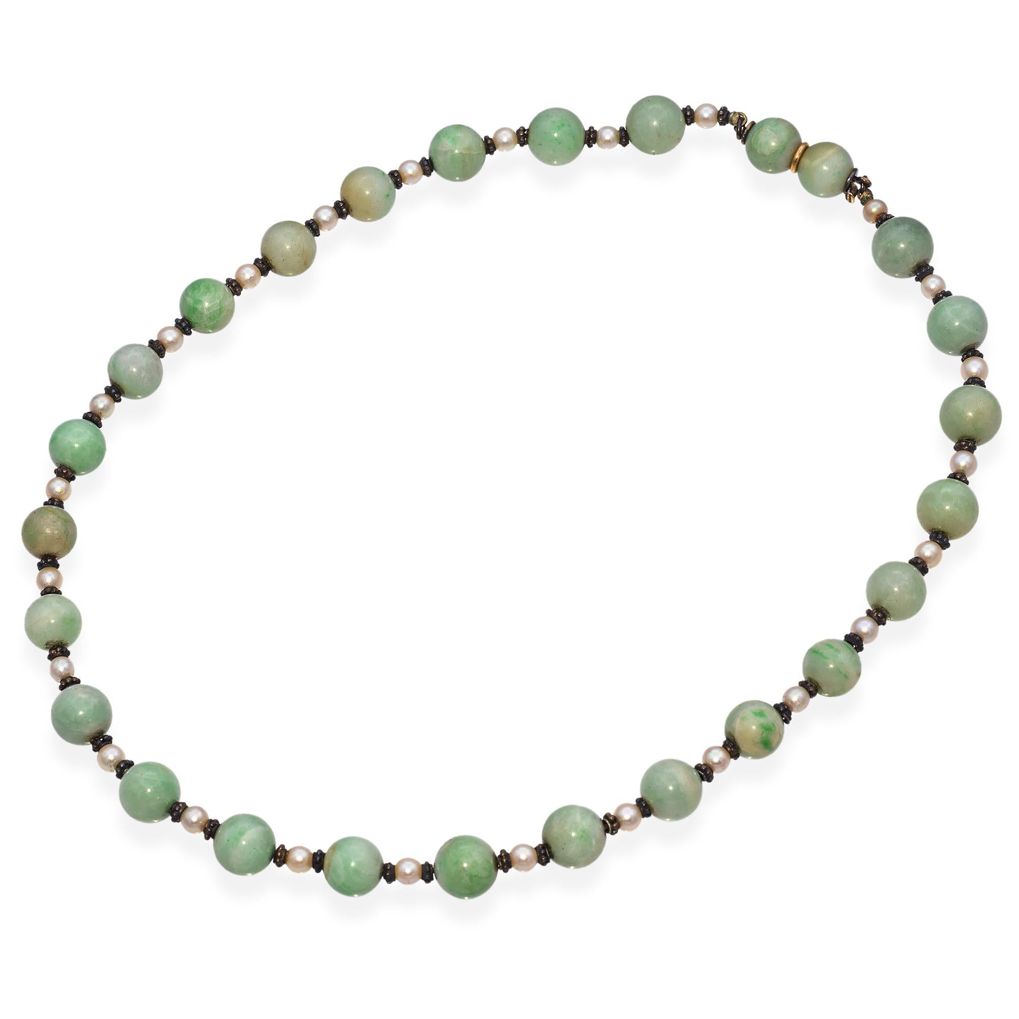 Uncut Art Deco Jade and Pearl with Silver Beaded Strand Necklace For Sale