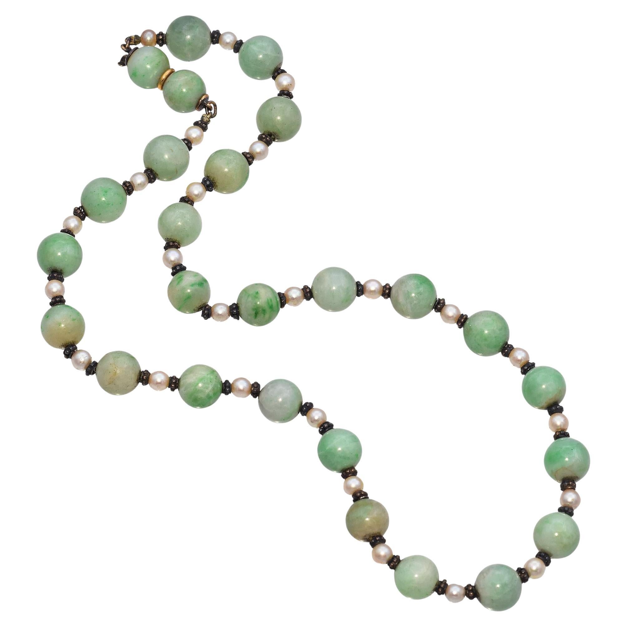 Art Deco Jade and Pearl with Silver Beaded Strand Necklace For Sale