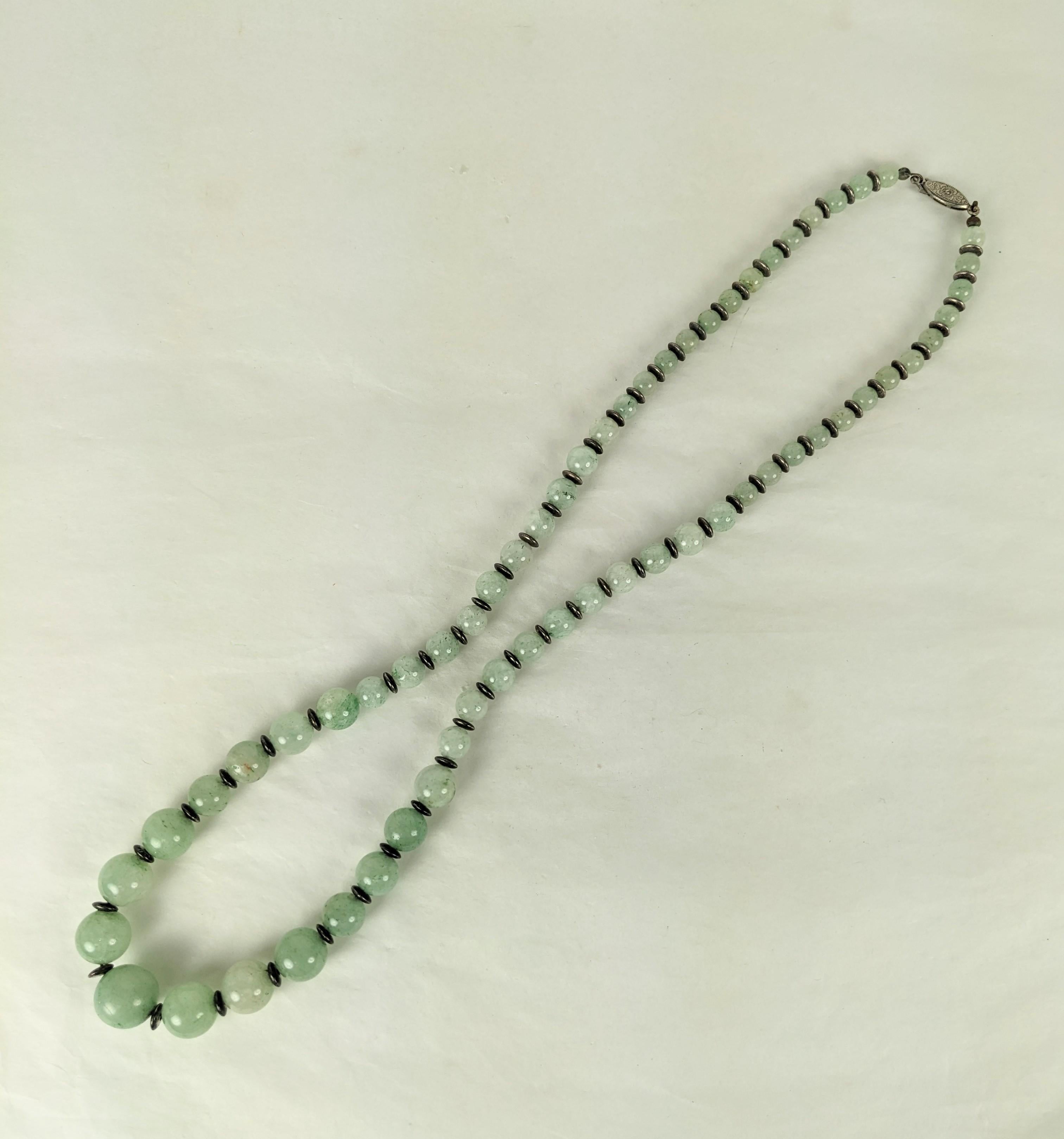 Art Deco Jade and Silver Bead Graduated Beads  In Good Condition For Sale In New York, NY