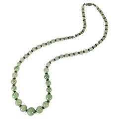 Antique Art Deco Jade and Silver Bead Graduated Beads 