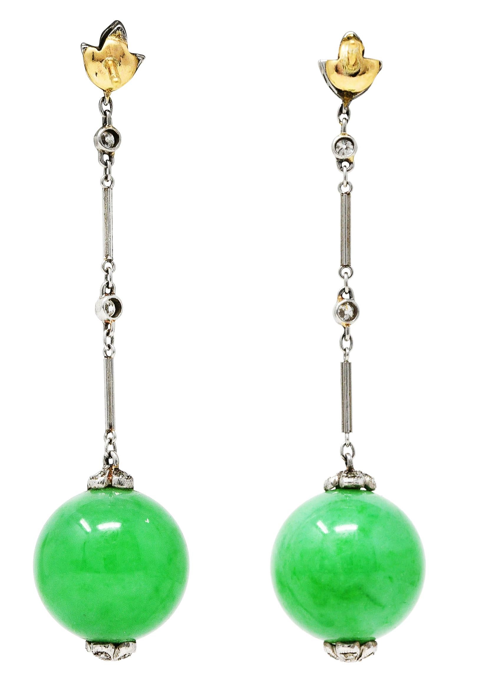 Art Deco Jade Ball Diamond Platinum 14 Karat Gold Antique Drop Earrings