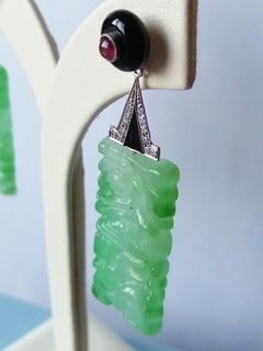 Art Deco Style Jade Black Onix Rubies White Gold Diamonds Black Enamel Earrings