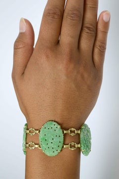 Art Deco Apple Green Jade Link Bracelet Natural Jadeite