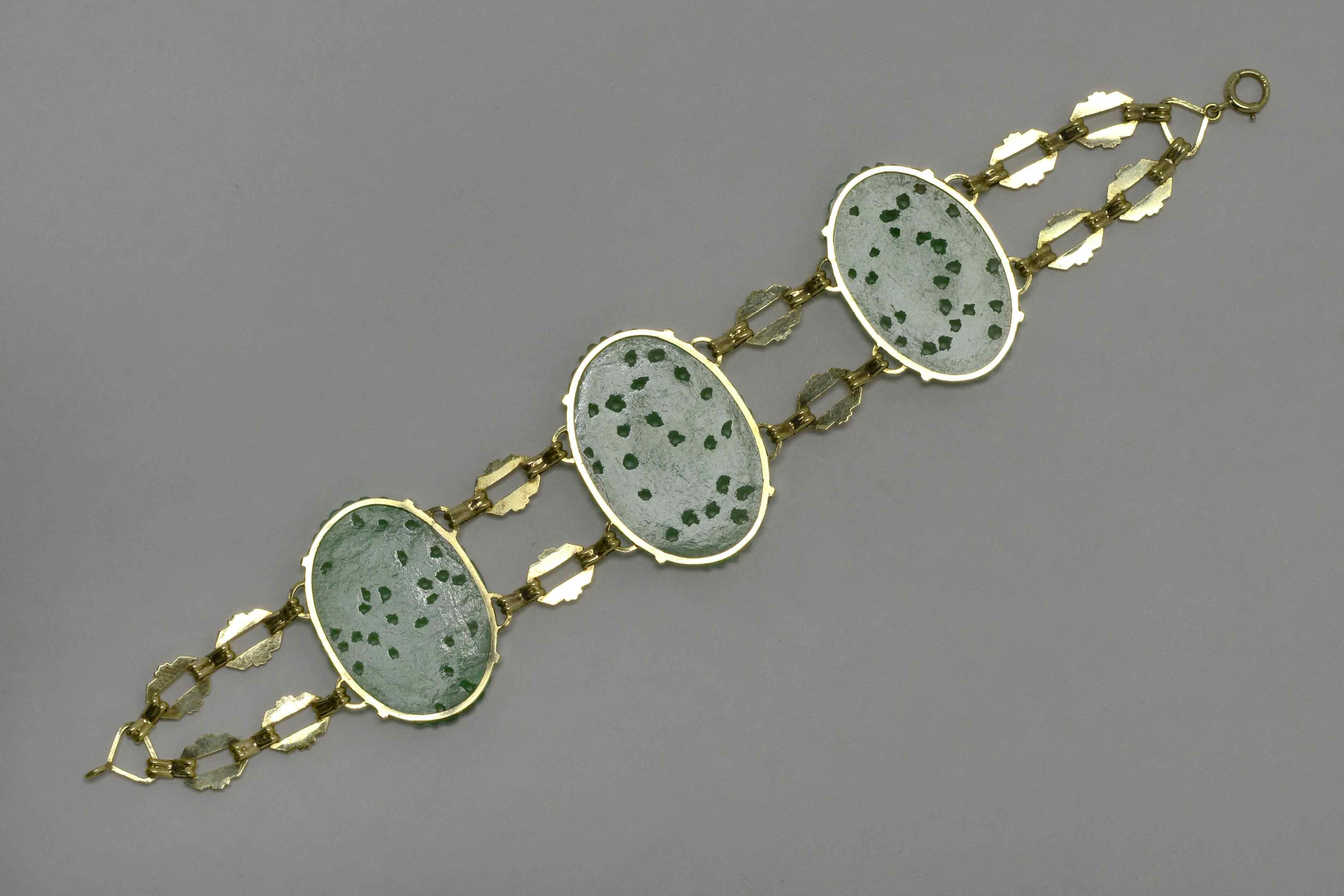 Oval Cut Art Deco Apple Green Jade Link Bracelet Natural Jadeite 